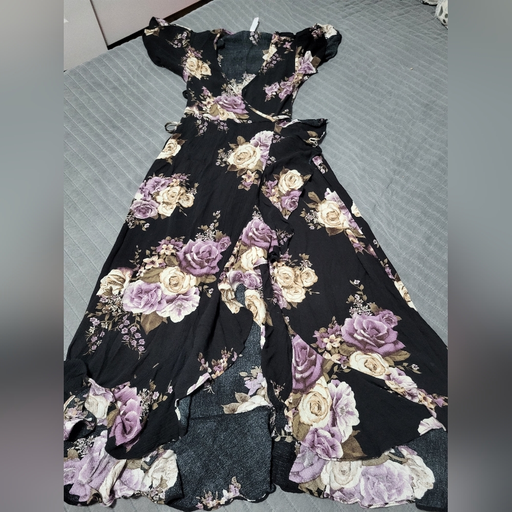 Xhilaration black and purple flowered print long dress